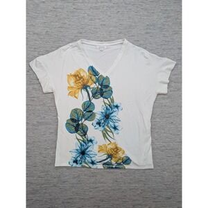 Chico's Floral Print V-Neck Top Small‎ Beaded Art to Wear Whimsical Vacation